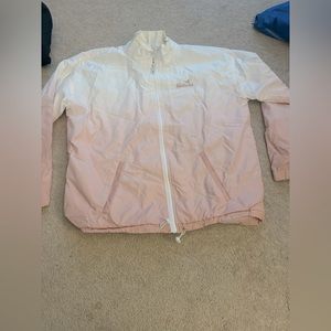 don’t wear anymore, white and pink raincoat material.